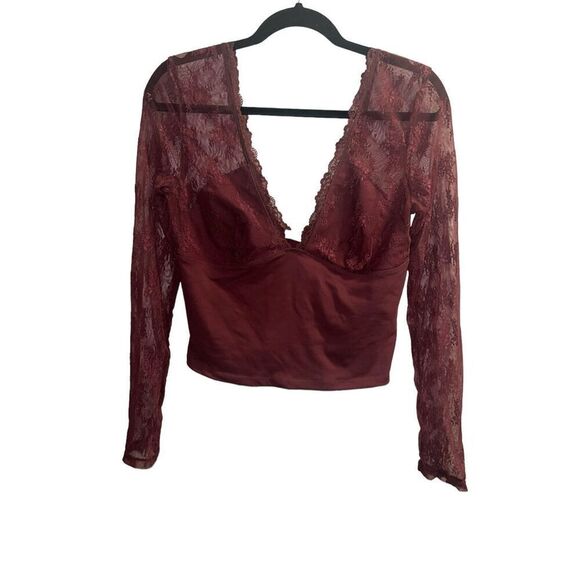 ✨Free People Intimately Long Sleeve Lace Sz Large Maroon Top✨ - Picture 5 of 9